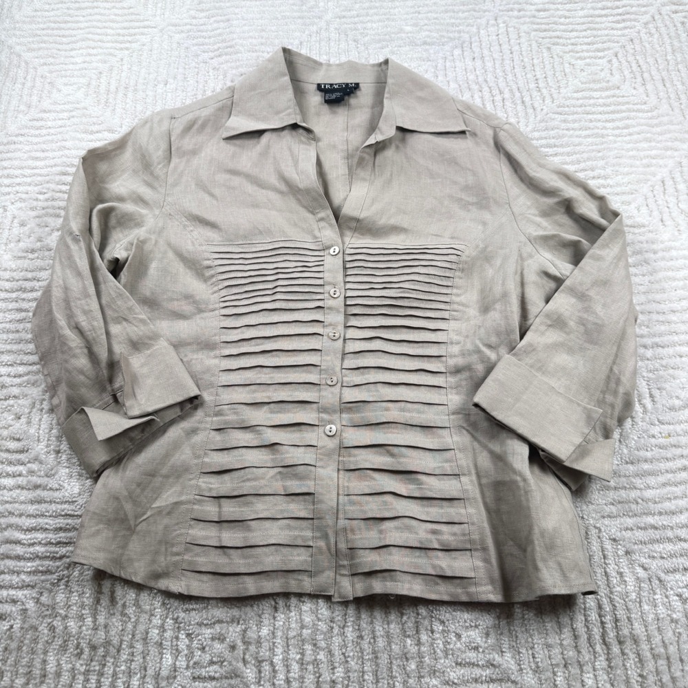 TRACY M Shirt Women's L Linen Pleated Front Button Coastal Resort Beachy Capsule